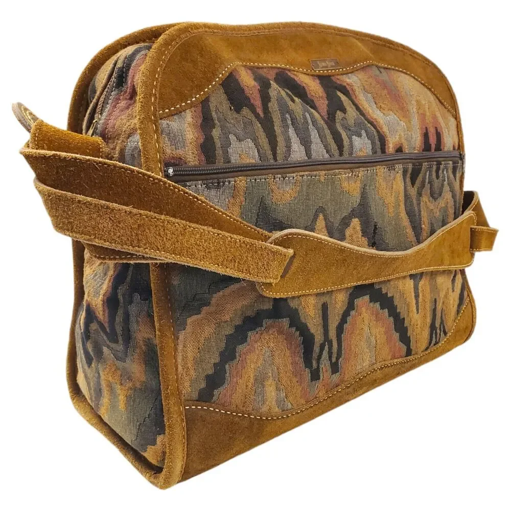 Vintage NEIMAN MARCUS Travel Bag Brown Suede Tapestry Geometric Oversize Padlock
